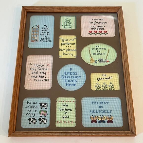 Vintage Framed Cross Stitch Sampler Inspirational Sayings Wall Art 14.5"x11.5" - Picture 1 of 16